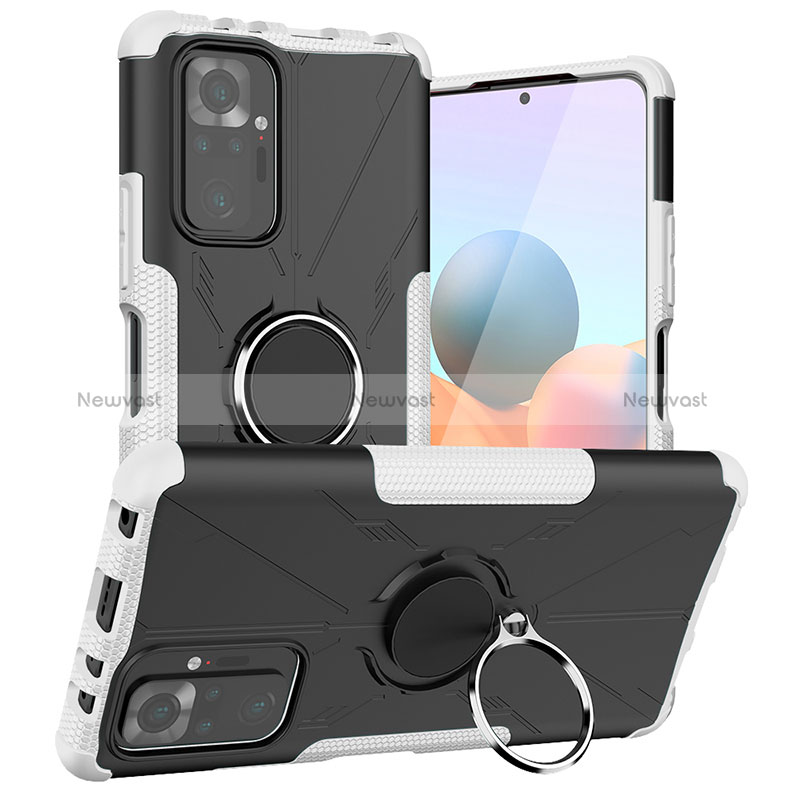 Silicone Matte Finish and Plastic Back Cover Case with Magnetic Finger Ring Stand JX1 for Xiaomi Redmi Note 10 Pro 4G