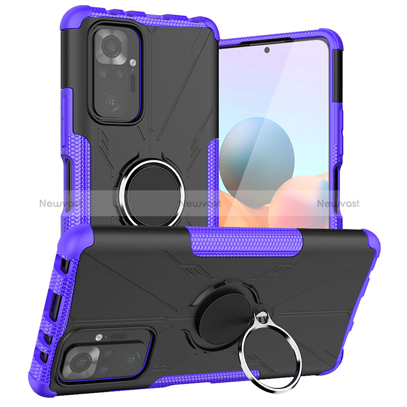 Silicone Matte Finish and Plastic Back Cover Case with Magnetic Finger Ring Stand JX1 for Xiaomi Redmi Note 10 Pro 4G Purple