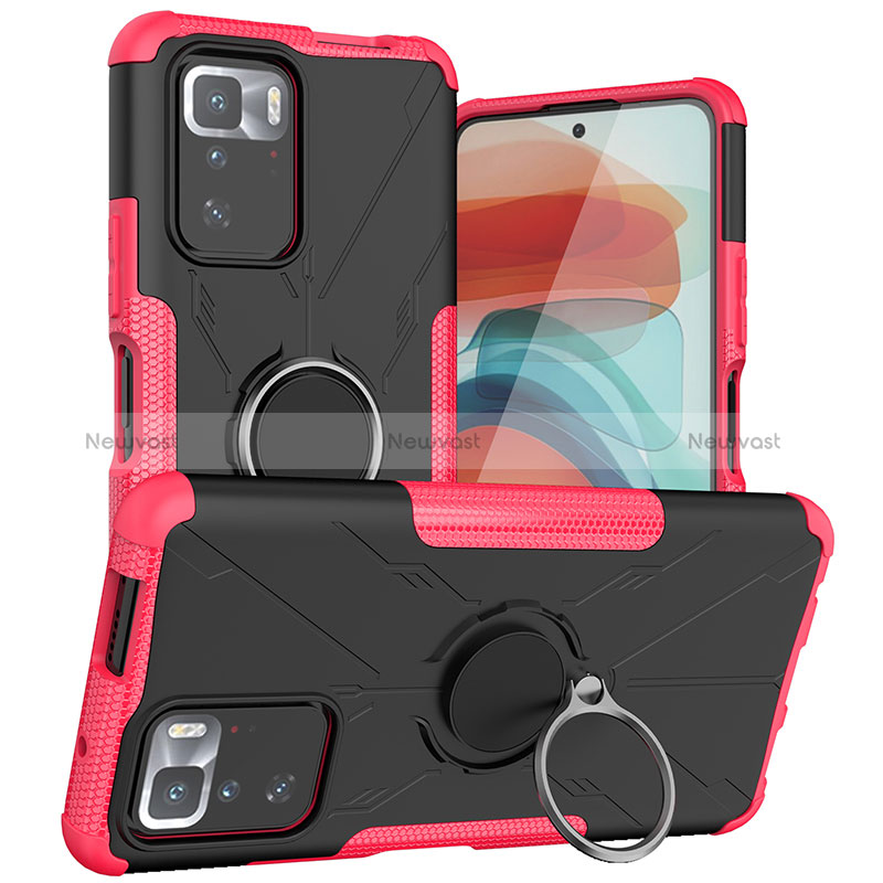 Silicone Matte Finish and Plastic Back Cover Case with Magnetic Finger Ring Stand JX1 for Xiaomi Redmi Note 10 Pro 5G