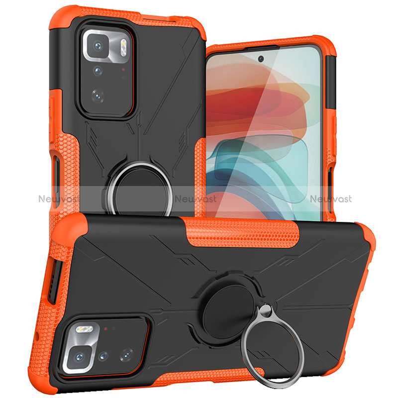 Silicone Matte Finish and Plastic Back Cover Case with Magnetic Finger Ring Stand JX1 for Xiaomi Redmi Note 10 Pro 5G Orange