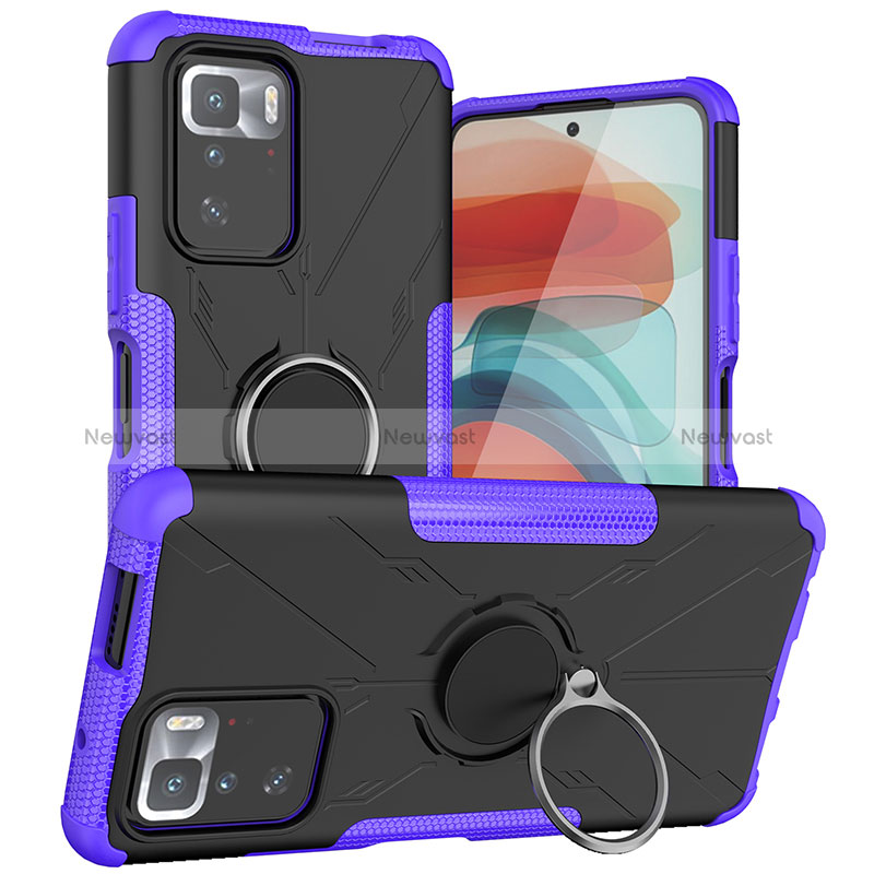 Silicone Matte Finish and Plastic Back Cover Case with Magnetic Finger Ring Stand JX1 for Xiaomi Redmi Note 10 Pro 5G Purple