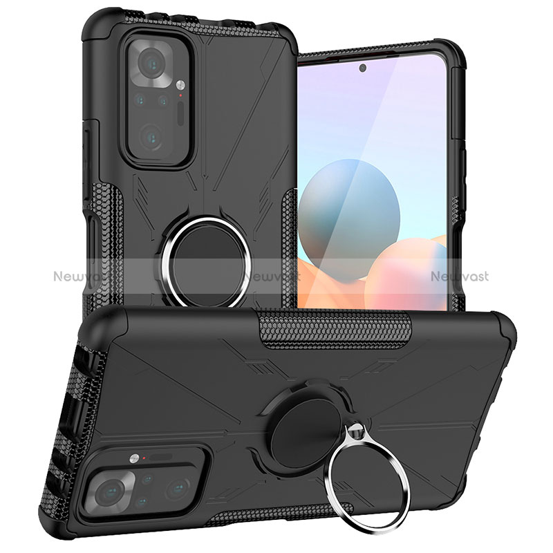 Silicone Matte Finish and Plastic Back Cover Case with Magnetic Finger Ring Stand JX1 for Xiaomi Redmi Note 10 Pro Max Black