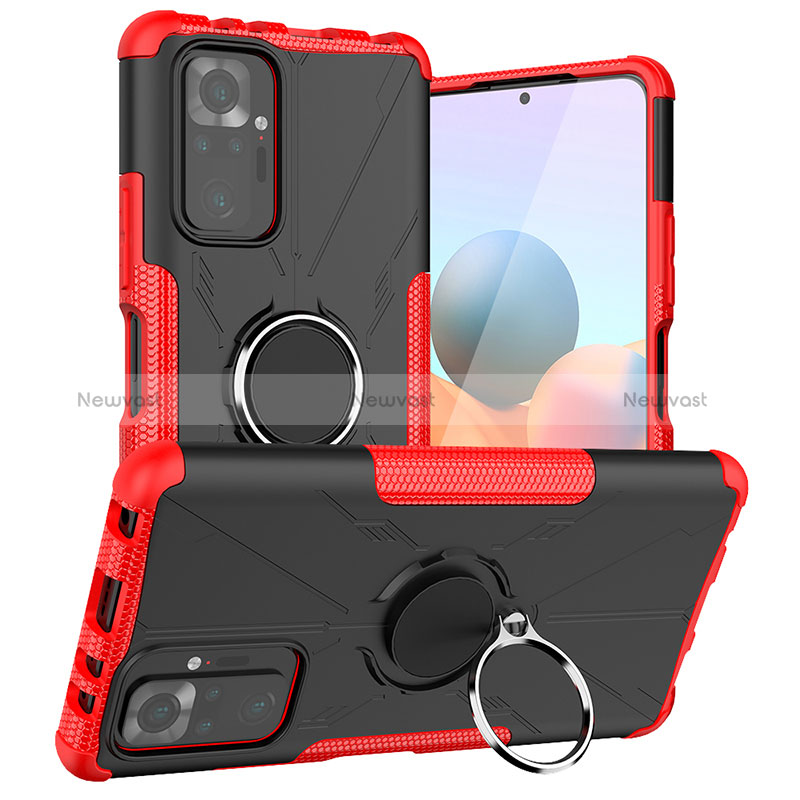 Silicone Matte Finish and Plastic Back Cover Case with Magnetic Finger Ring Stand JX1 for Xiaomi Redmi Note 10 Pro Max Red