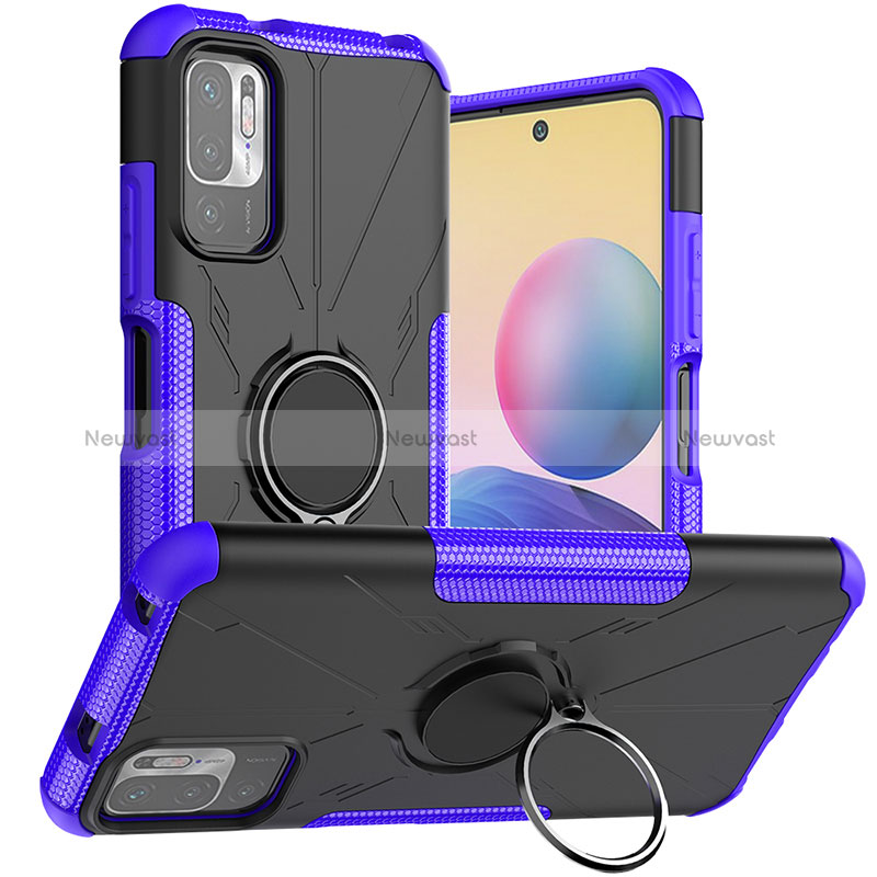 Silicone Matte Finish and Plastic Back Cover Case with Magnetic Finger Ring Stand JX1 for Xiaomi Redmi Note 10T 5G Purple