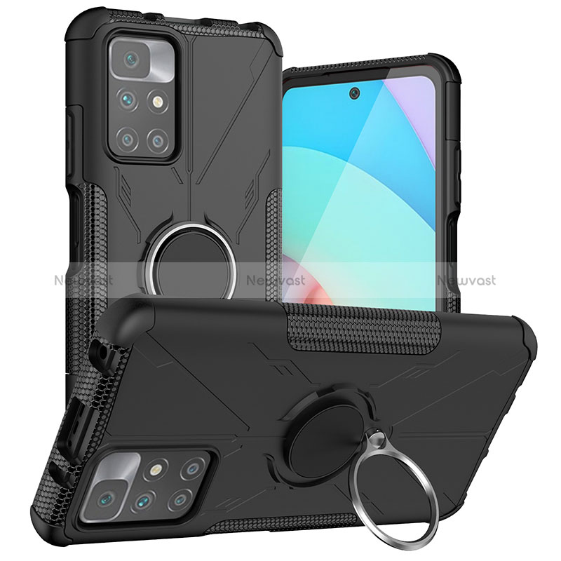 Silicone Matte Finish and Plastic Back Cover Case with Magnetic Finger Ring Stand JX1 for Xiaomi Redmi Note 11 4G (2021) Black