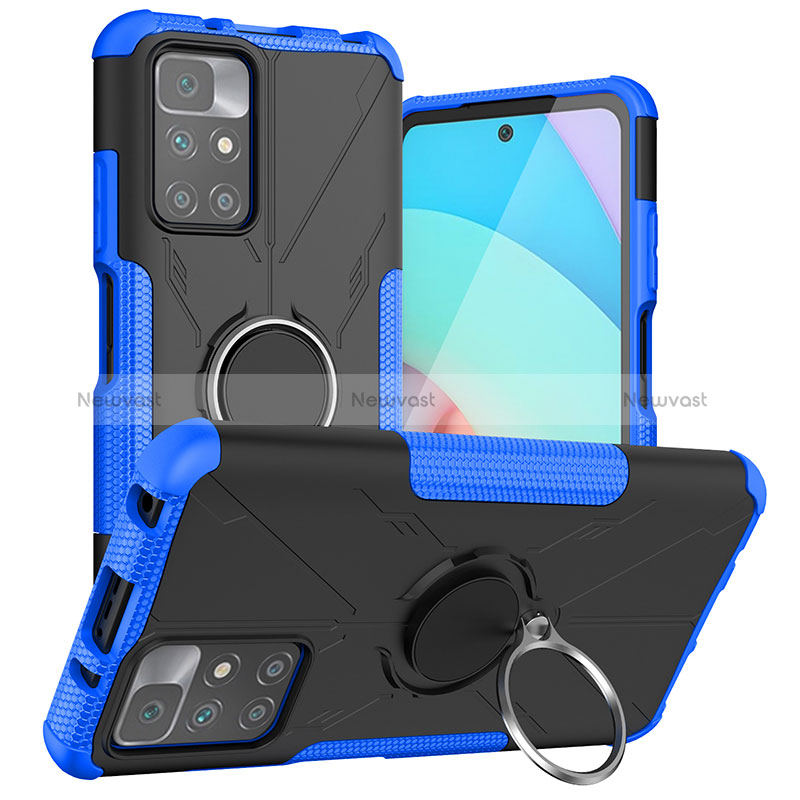 Silicone Matte Finish and Plastic Back Cover Case with Magnetic Finger Ring Stand JX1 for Xiaomi Redmi Note 11 4G (2021) Blue