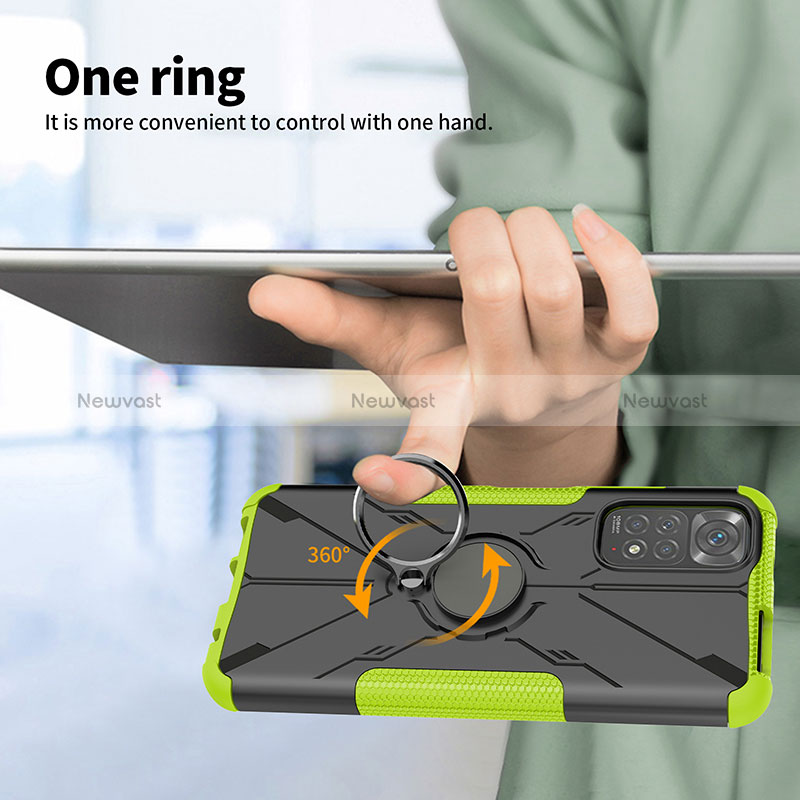 Silicone Matte Finish and Plastic Back Cover Case with Magnetic Finger Ring Stand JX1 for Xiaomi Redmi Note 11 4G (2022)