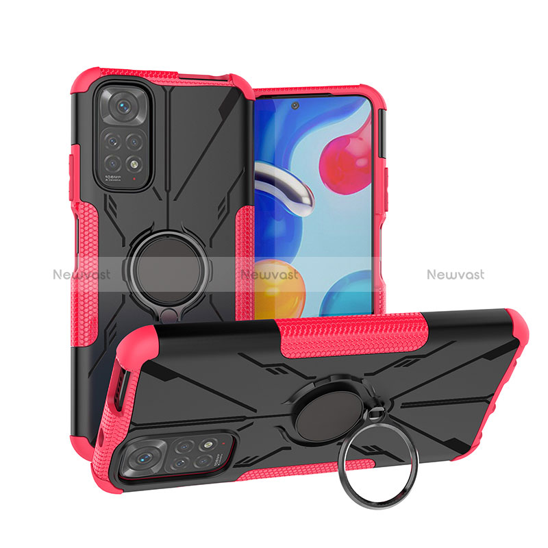 Silicone Matte Finish and Plastic Back Cover Case with Magnetic Finger Ring Stand JX1 for Xiaomi Redmi Note 11 4G (2022) Hot Pink