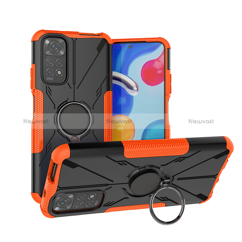 Silicone Matte Finish and Plastic Back Cover Case with Magnetic Finger Ring Stand JX1 for Xiaomi Redmi Note 11 4G (2022) Orange