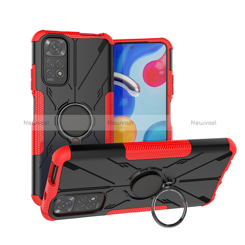 Silicone Matte Finish and Plastic Back Cover Case with Magnetic Finger Ring Stand JX1 for Xiaomi Redmi Note 11 4G (2022) Red