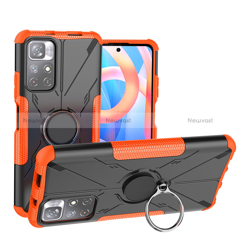 Silicone Matte Finish and Plastic Back Cover Case with Magnetic Finger Ring Stand JX1 for Xiaomi Redmi Note 11 5G Orange