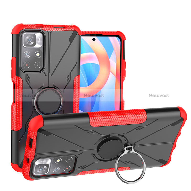 Silicone Matte Finish and Plastic Back Cover Case with Magnetic Finger Ring Stand JX1 for Xiaomi Redmi Note 11 5G Red