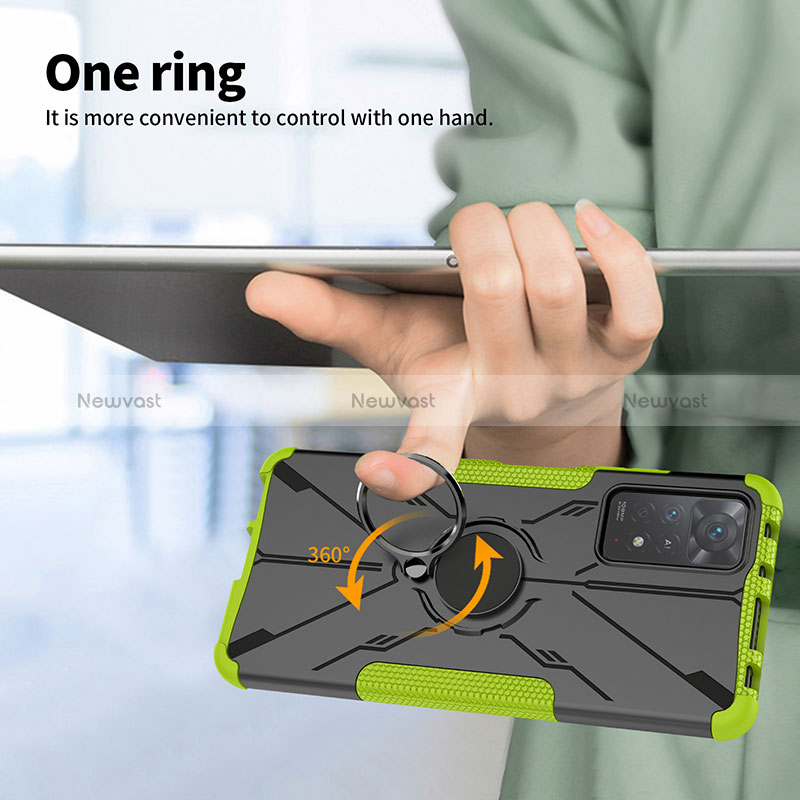 Silicone Matte Finish and Plastic Back Cover Case with Magnetic Finger Ring Stand JX1 for Xiaomi Redmi Note 11 Pro 5G