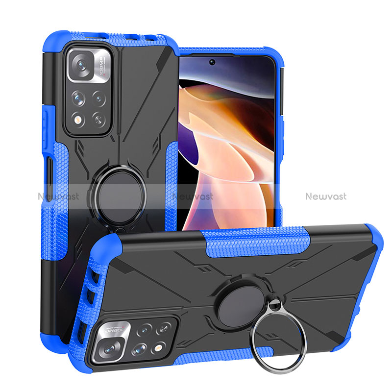 Silicone Matte Finish and Plastic Back Cover Case with Magnetic Finger Ring Stand JX1 for Xiaomi Redmi Note 11 Pro+ Plus 5G Blue