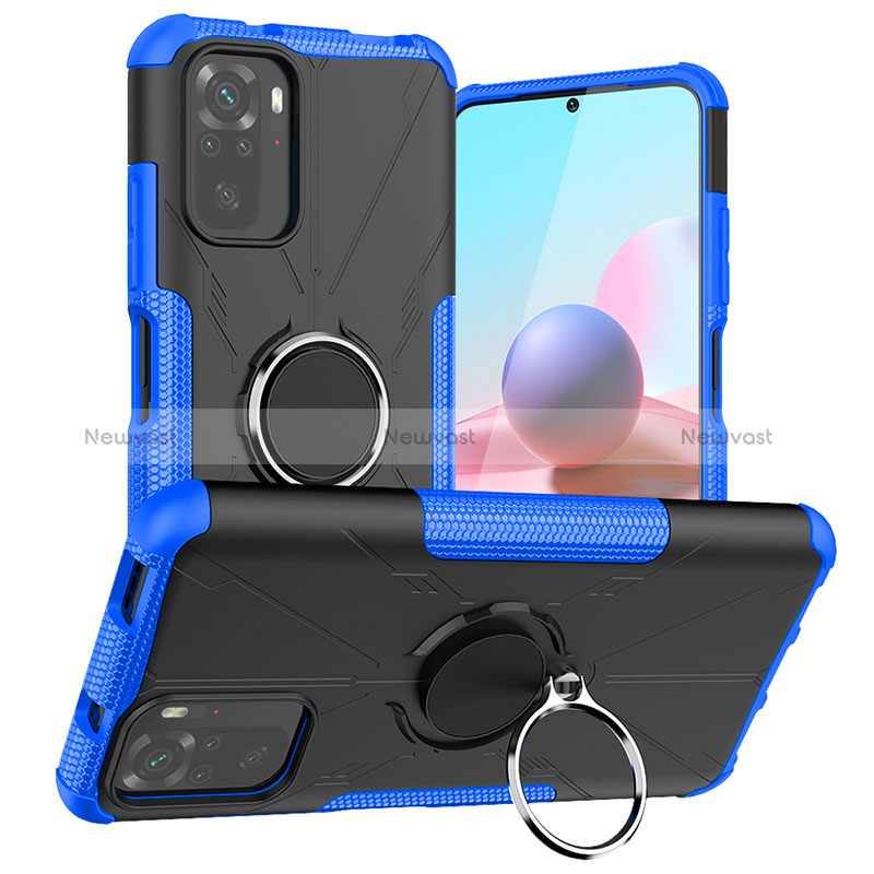 Silicone Matte Finish and Plastic Back Cover Case with Magnetic Finger Ring Stand JX1 for Xiaomi Redmi Note 11 SE India 4G Blue