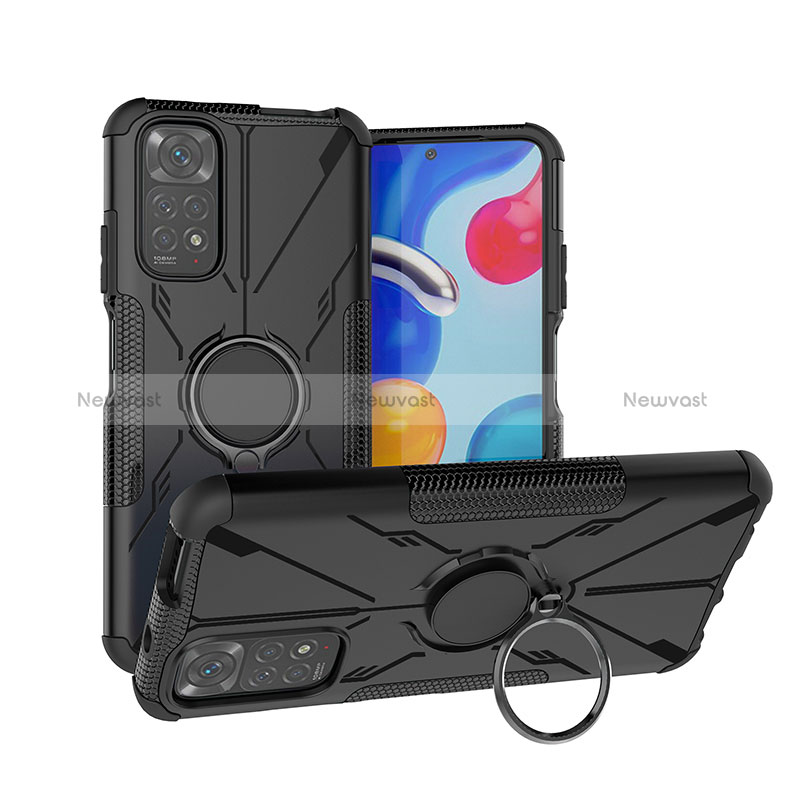 Silicone Matte Finish and Plastic Back Cover Case with Magnetic Finger Ring Stand JX1 for Xiaomi Redmi Note 11S 4G Black