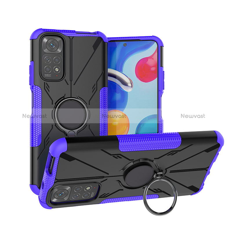 Silicone Matte Finish and Plastic Back Cover Case with Magnetic Finger Ring Stand JX1 for Xiaomi Redmi Note 11S 4G Purple