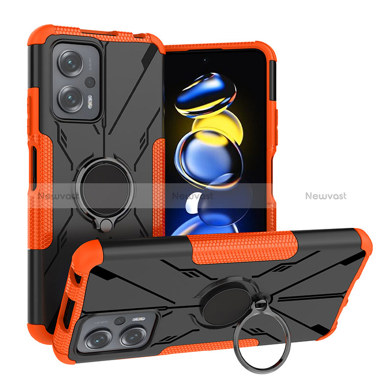 Silicone Matte Finish and Plastic Back Cover Case with Magnetic Finger Ring Stand JX1 for Xiaomi Redmi Note 11T Pro 5G Orange