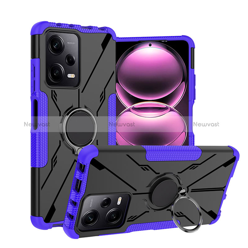 Silicone Matte Finish and Plastic Back Cover Case with Magnetic Finger Ring Stand JX1 for Xiaomi Redmi Note 12 Pro 5G Purple