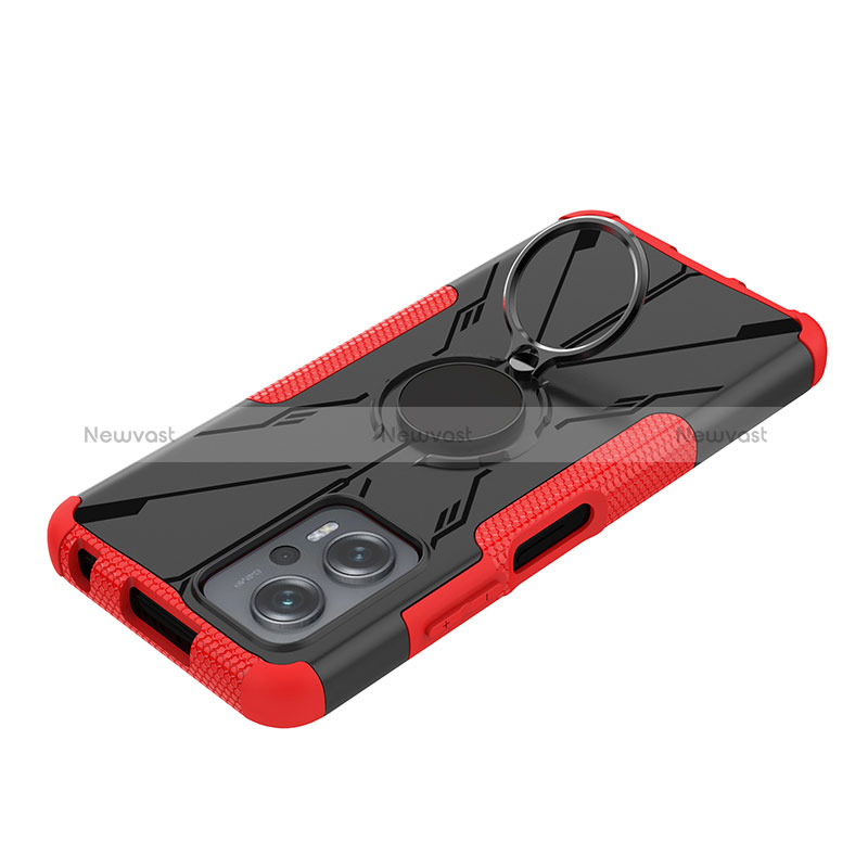 Silicone Matte Finish and Plastic Back Cover Case with Magnetic Finger Ring Stand JX1 for Xiaomi Redmi Note 12T Pro 5G