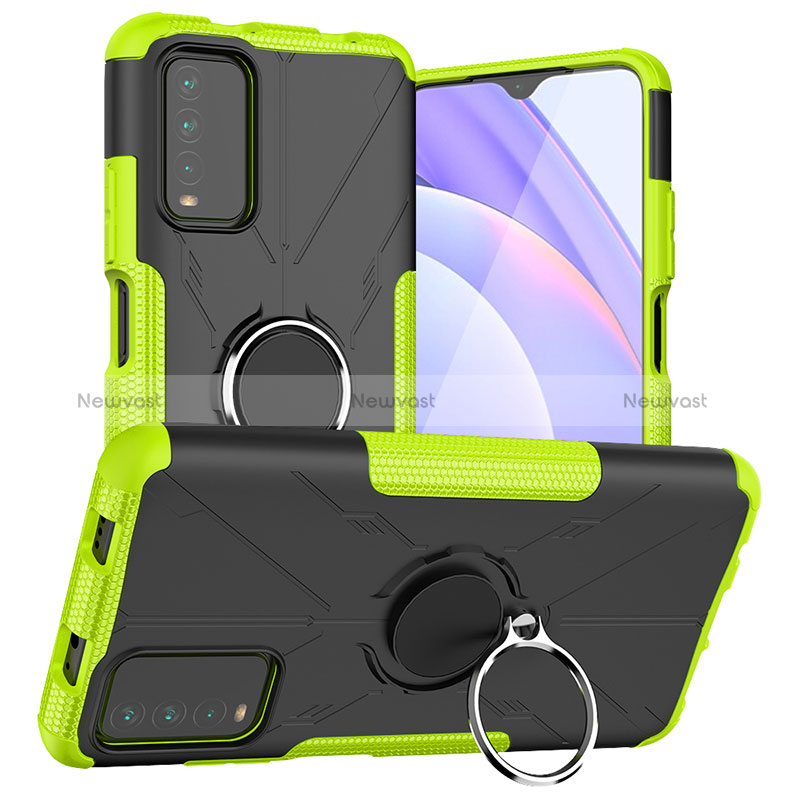 Silicone Matte Finish and Plastic Back Cover Case with Magnetic Finger Ring Stand JX1 for Xiaomi Redmi Note 9 4G Green