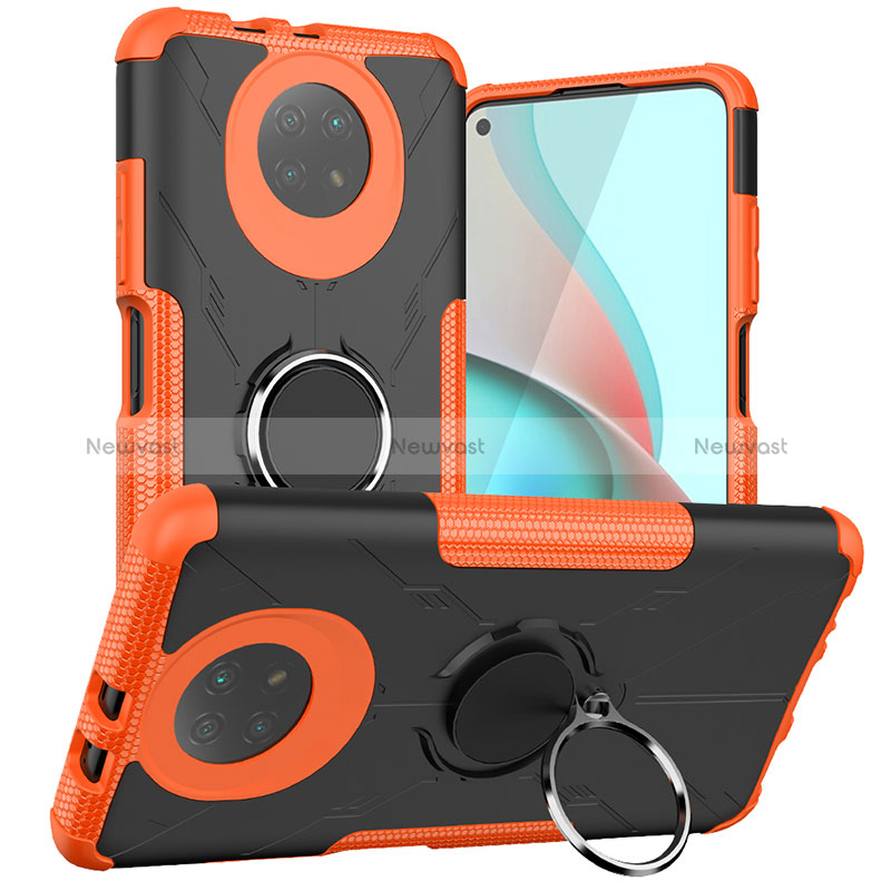 Silicone Matte Finish and Plastic Back Cover Case with Magnetic Finger Ring Stand JX1 for Xiaomi Redmi Note 9T 5G Orange