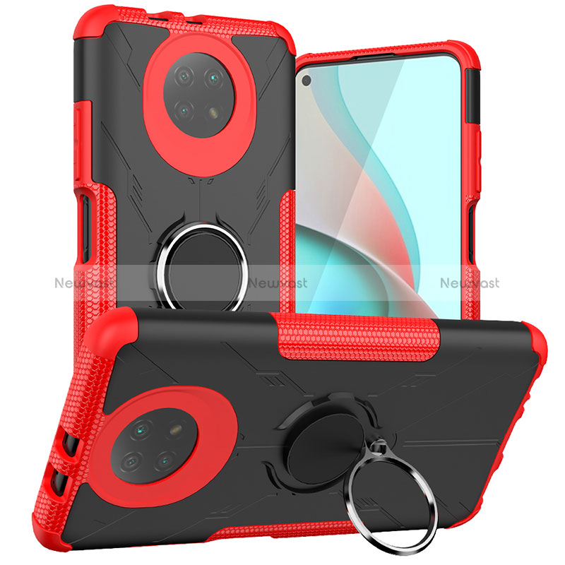 Silicone Matte Finish and Plastic Back Cover Case with Magnetic Finger Ring Stand JX1 for Xiaomi Redmi Note 9T 5G Red