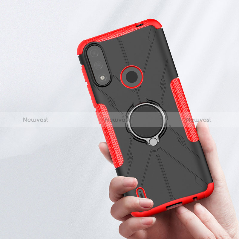 Silicone Matte Finish and Plastic Back Cover Case with Magnetic Finger Ring Stand JX2 for Motorola Moto E7 Power