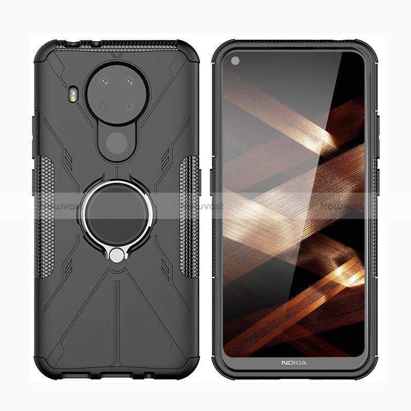 Silicone Matte Finish and Plastic Back Cover Case with Magnetic Finger Ring Stand JX2 for Nokia 5.4 Black