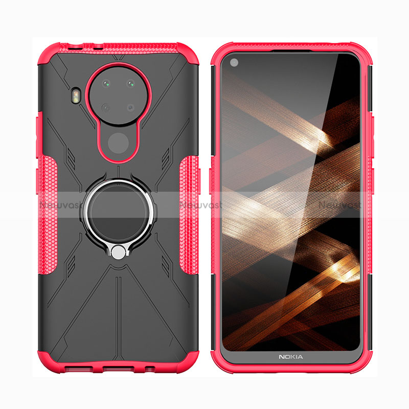 Silicone Matte Finish and Plastic Back Cover Case with Magnetic Finger Ring Stand JX2 for Nokia 5.4 Hot Pink