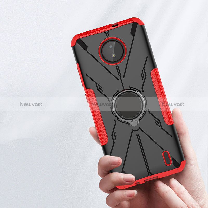 Silicone Matte Finish and Plastic Back Cover Case with Magnetic Finger Ring Stand JX2 for Nokia C10