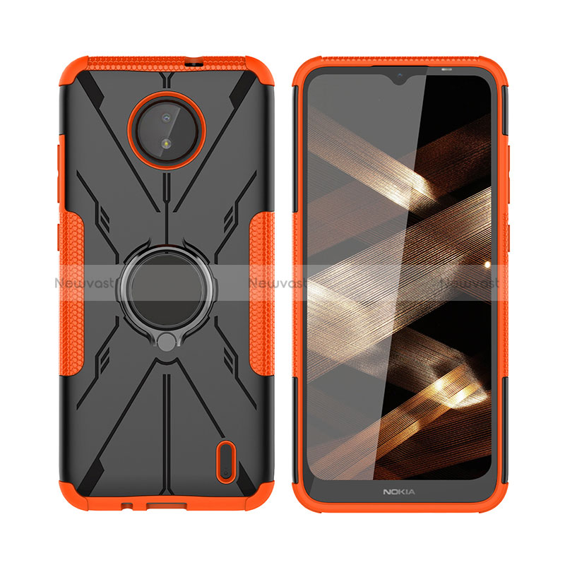 Silicone Matte Finish and Plastic Back Cover Case with Magnetic Finger Ring Stand JX2 for Nokia C10 Orange