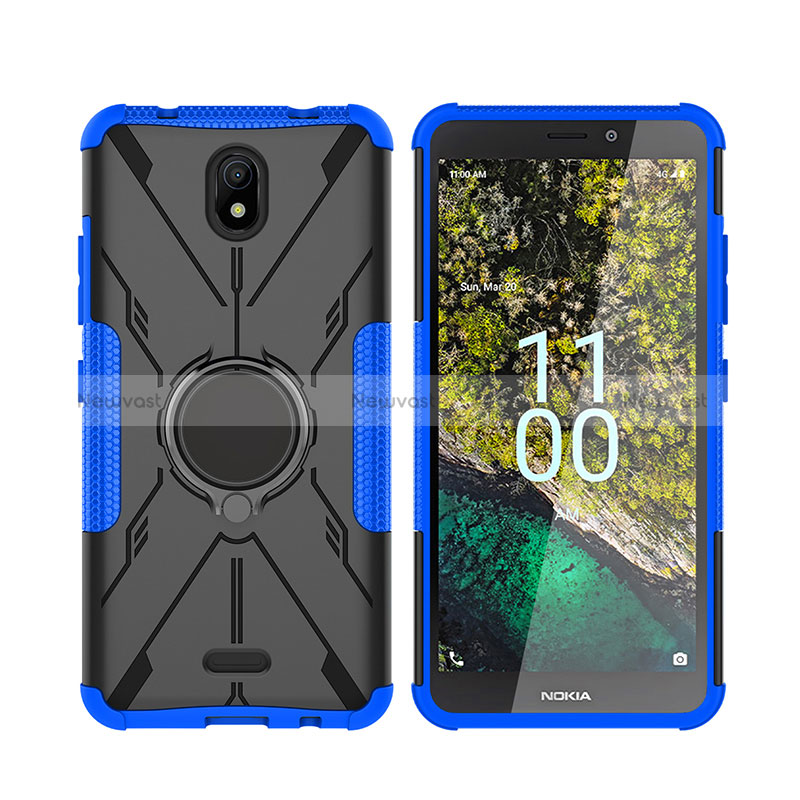 Silicone Matte Finish and Plastic Back Cover Case with Magnetic Finger Ring Stand JX2 for Nokia C100 Blue