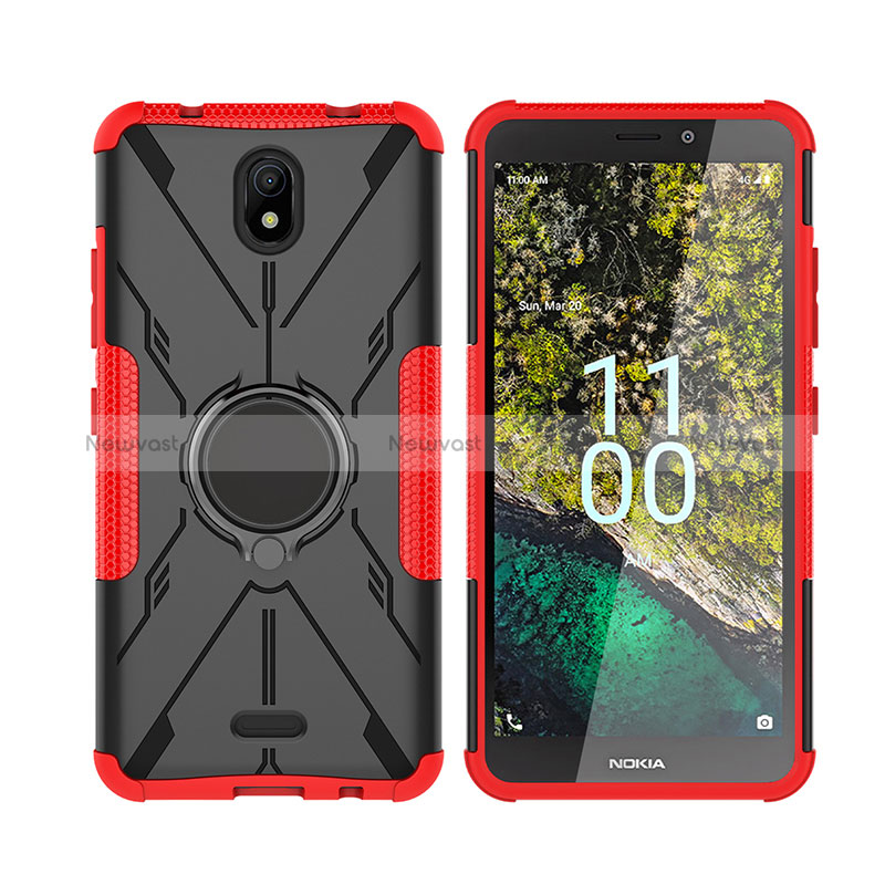 Silicone Matte Finish and Plastic Back Cover Case with Magnetic Finger Ring Stand JX2 for Nokia C100 Red