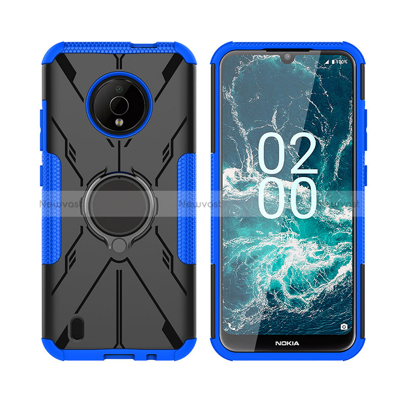 Silicone Matte Finish and Plastic Back Cover Case with Magnetic Finger Ring Stand JX2 for Nokia C200 Blue