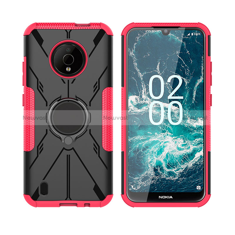 Silicone Matte Finish and Plastic Back Cover Case with Magnetic Finger Ring Stand JX2 for Nokia C200 Hot Pink