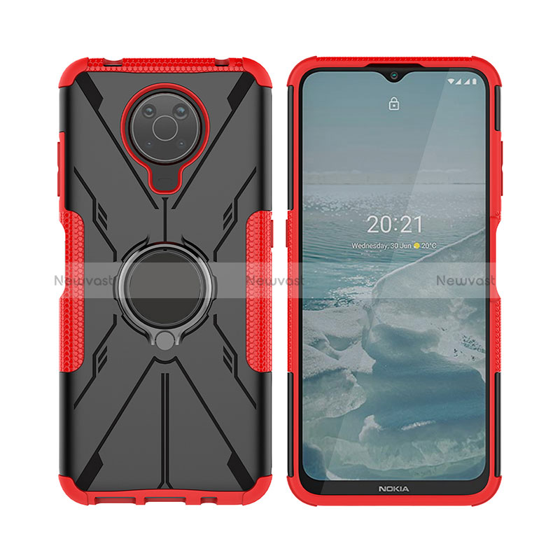 Silicone Matte Finish and Plastic Back Cover Case with Magnetic Finger Ring Stand JX2 for Nokia G10 Red