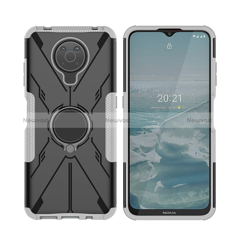 Silicone Matte Finish and Plastic Back Cover Case with Magnetic Finger Ring Stand JX2 for Nokia G10 Silver