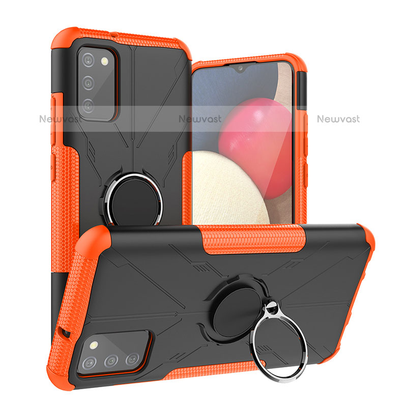 Silicone Matte Finish and Plastic Back Cover Case with Magnetic Finger Ring Stand JX2 for Samsung Galaxy A02s Orange