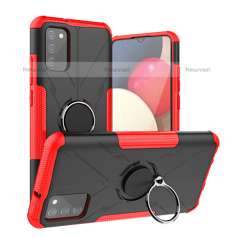 Silicone Matte Finish and Plastic Back Cover Case with Magnetic Finger Ring Stand JX2 for Samsung Galaxy A02s Red