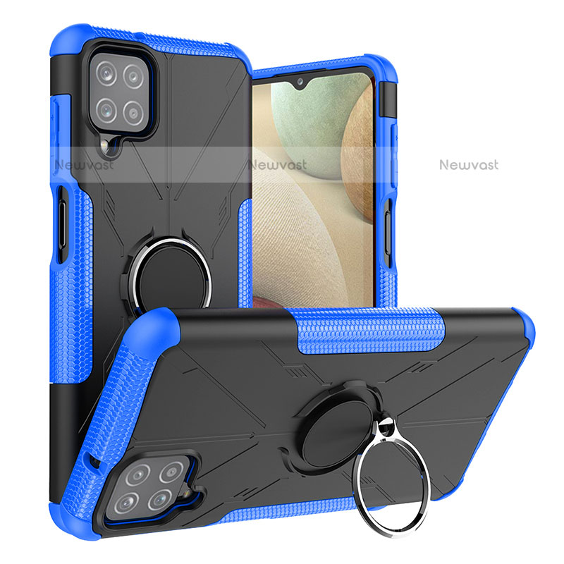 Silicone Matte Finish and Plastic Back Cover Case with Magnetic Finger Ring Stand JX2 for Samsung Galaxy A12 Blue