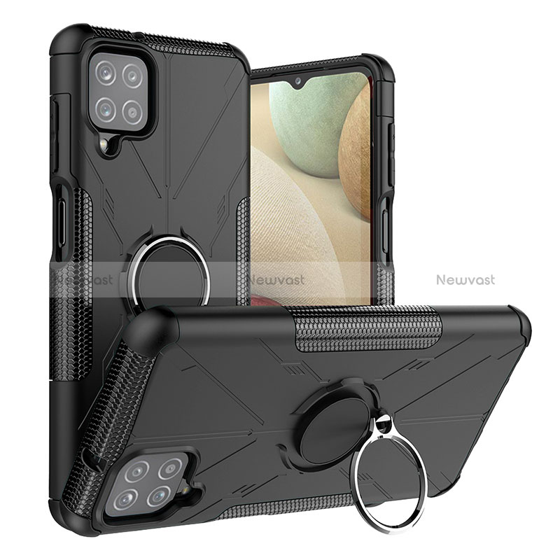 Silicone Matte Finish and Plastic Back Cover Case with Magnetic Finger Ring Stand JX2 for Samsung Galaxy A12 Nacho Black