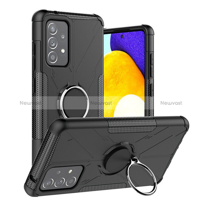 Silicone Matte Finish and Plastic Back Cover Case with Magnetic Finger Ring Stand JX2 for Samsung Galaxy A52 4G Black