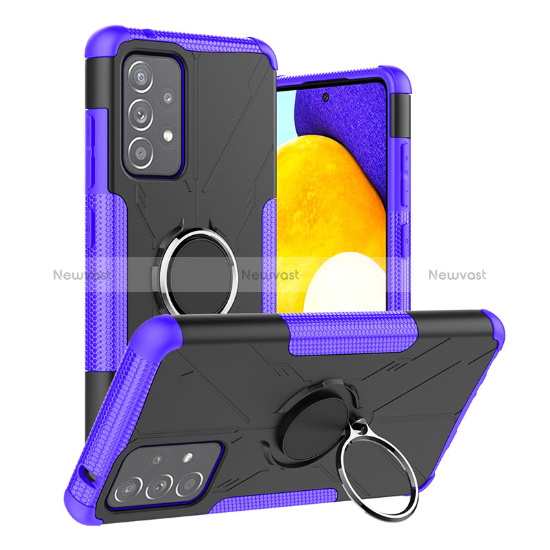 Silicone Matte Finish and Plastic Back Cover Case with Magnetic Finger Ring Stand JX2 for Samsung Galaxy A52s 5G Purple