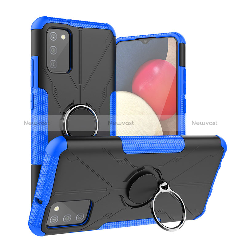 Silicone Matte Finish and Plastic Back Cover Case with Magnetic Finger Ring Stand JX2 for Samsung Galaxy F02S SM-E025F Blue