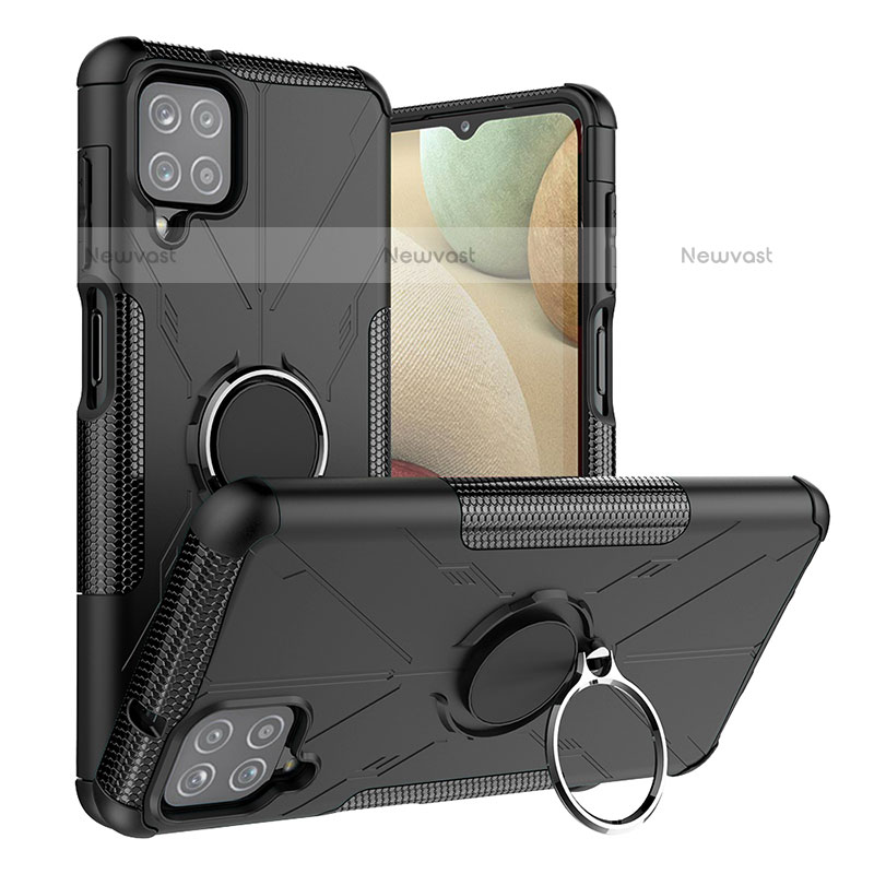 Silicone Matte Finish and Plastic Back Cover Case with Magnetic Finger Ring Stand JX2 for Samsung Galaxy F12 Black