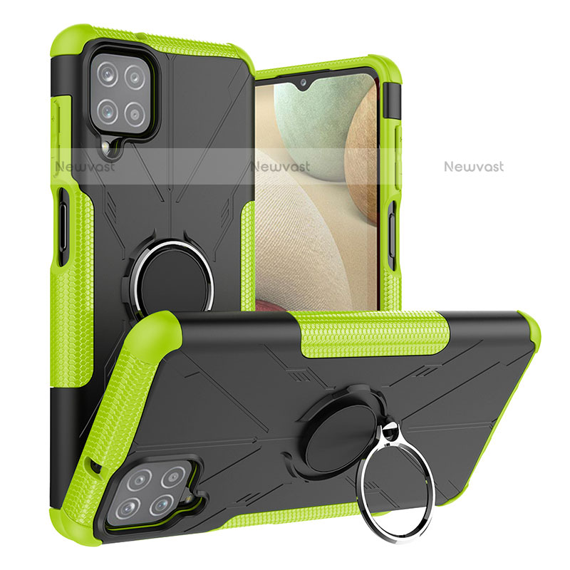 Silicone Matte Finish and Plastic Back Cover Case with Magnetic Finger Ring Stand JX2 for Samsung Galaxy F12 Green