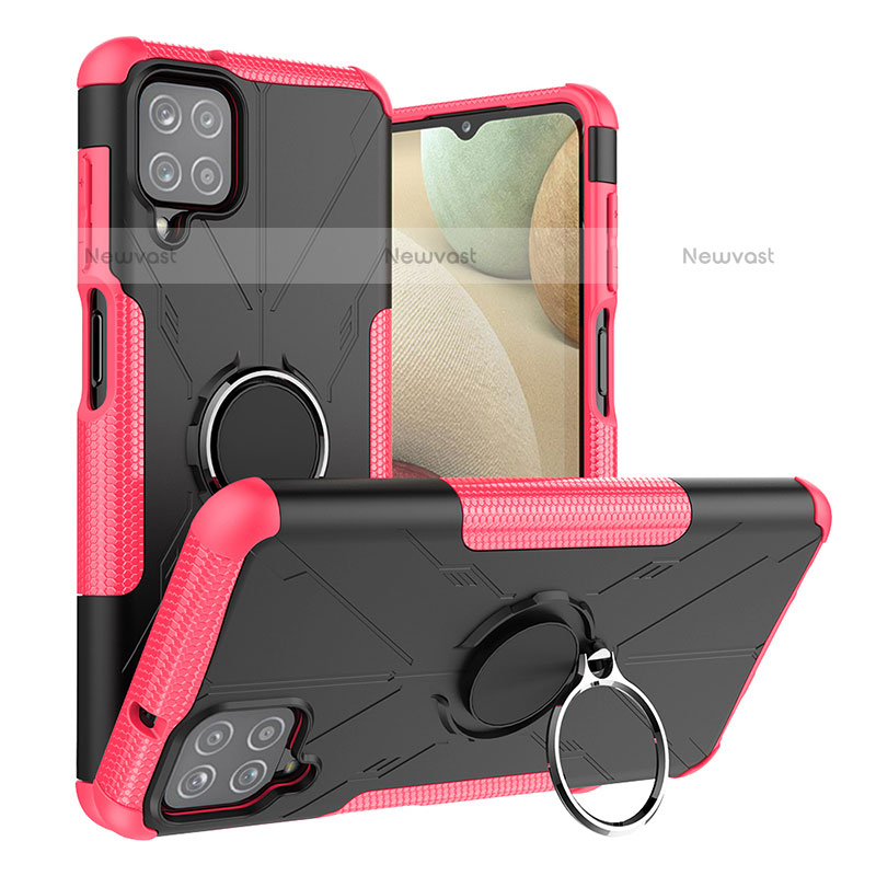 Silicone Matte Finish and Plastic Back Cover Case with Magnetic Finger Ring Stand JX2 for Samsung Galaxy F12 Hot Pink