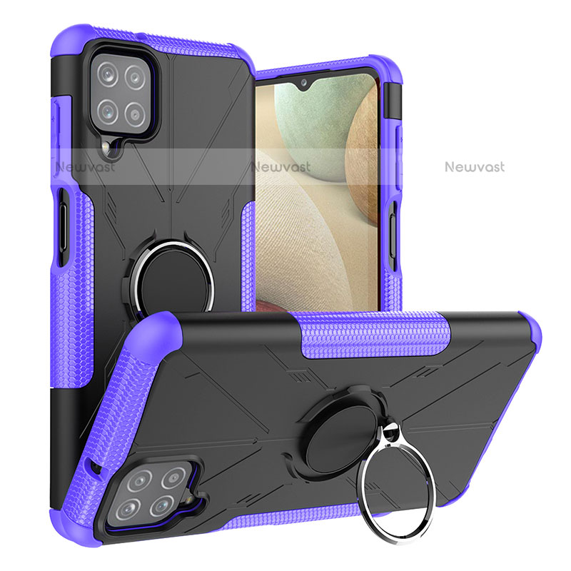 Silicone Matte Finish and Plastic Back Cover Case with Magnetic Finger Ring Stand JX2 for Samsung Galaxy F12 Purple