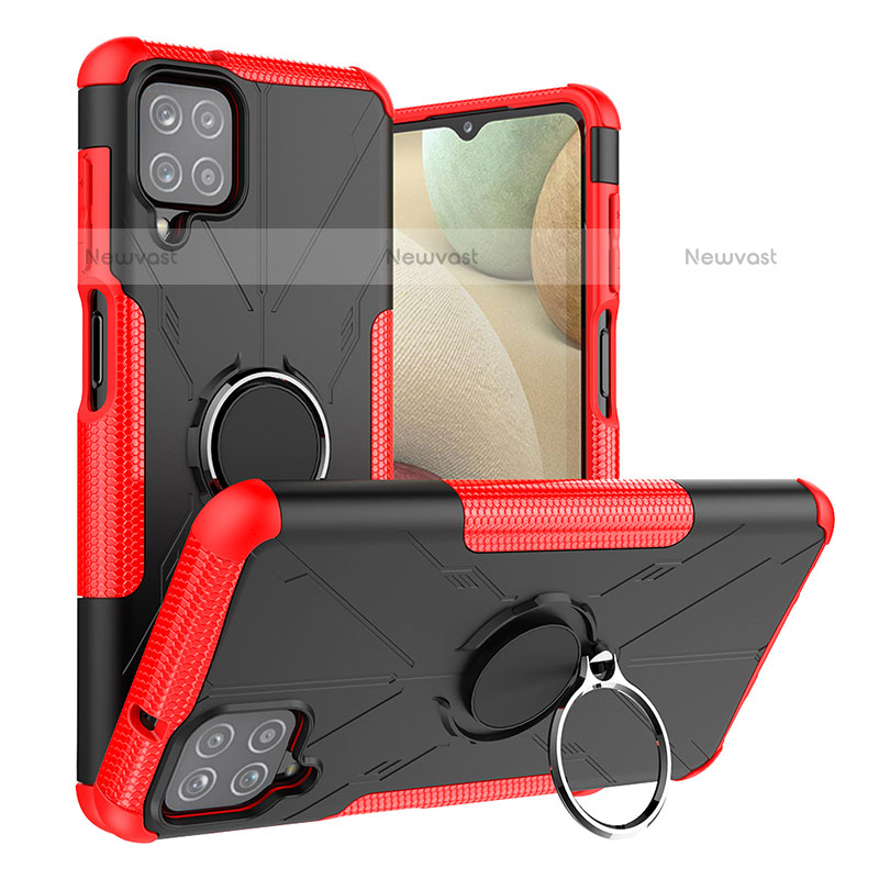 Silicone Matte Finish and Plastic Back Cover Case with Magnetic Finger Ring Stand JX2 for Samsung Galaxy F12 Red